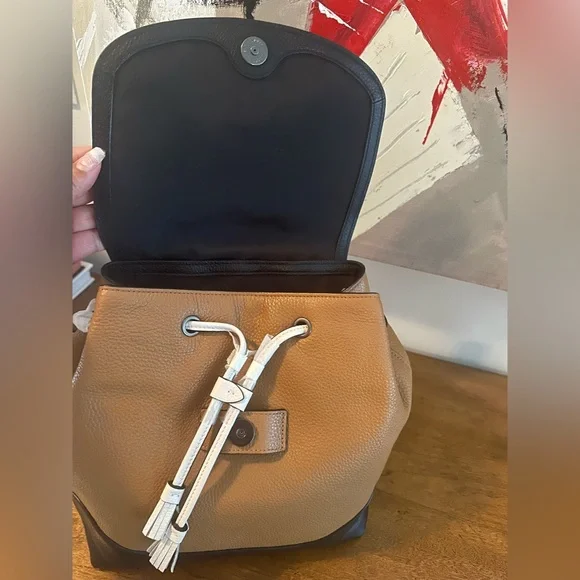 Coach Tan and Black Leather Backpack with White Accents - Picture 3 of 9
